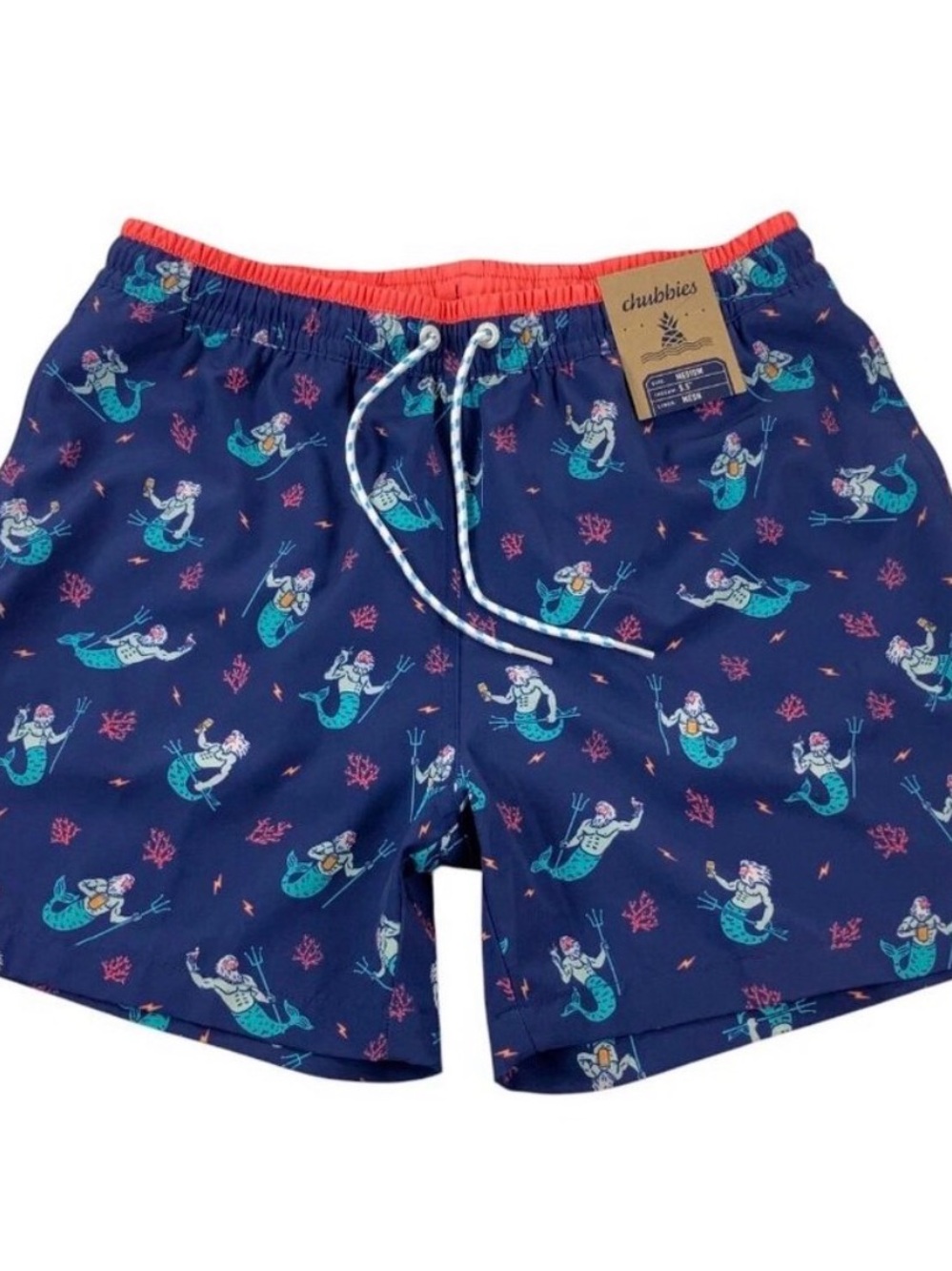 chubbies Navy Swim Trunks with Turquoise Mermaid Print and Coral Waistband